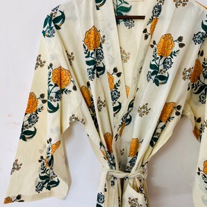 White orange Cotton Block Print Kimono Robe - Cotton Kimono - Beach Cover Up - Lounge Wear - Casual wear - Kimono - Night Cover Up Robe