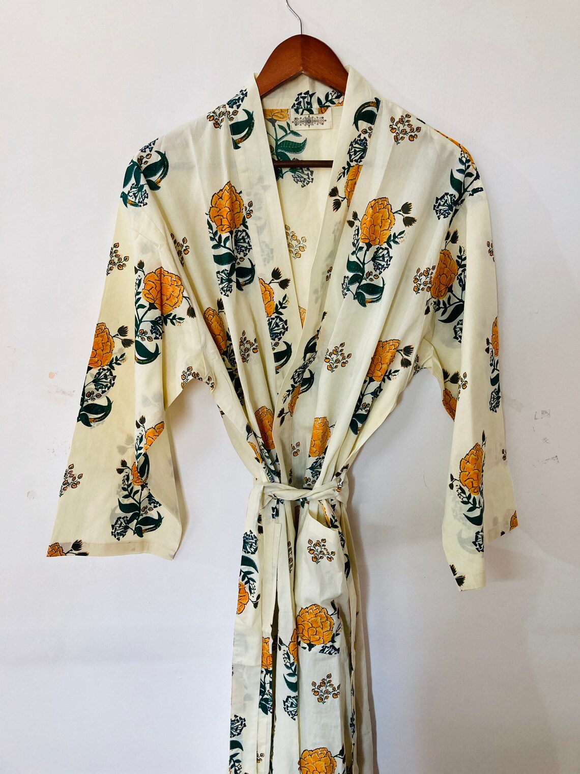White orange Cotton Block Print Kimono Robe Cotton Kimono Etsy