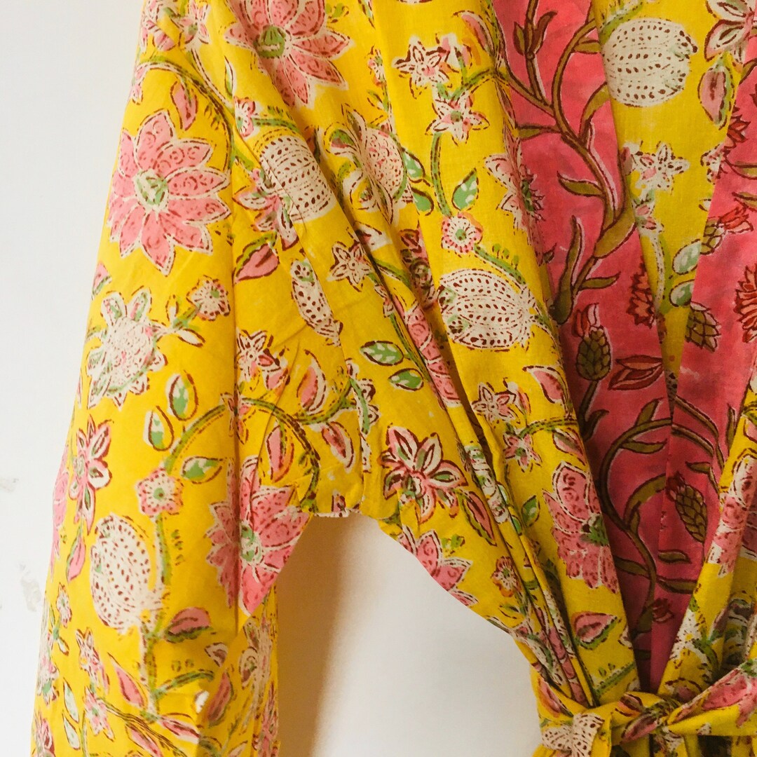Yellow Cotton Block Print Robe Cotton Kimono Beach Cover up Lounge Wear