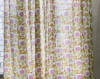 Set Of Two White Floral Block Print Cotton Curtains - Bohemian Curtains - Summer Drapery - Beach Curtains - Cotton Curtains - Summer House