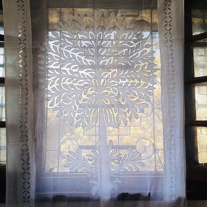 White cotton Organdy Cut Work Curtains - Tree of Life Drapery - Indian Curtains - Summer Curtains - Tab Loop curtains - Cotton Weavers