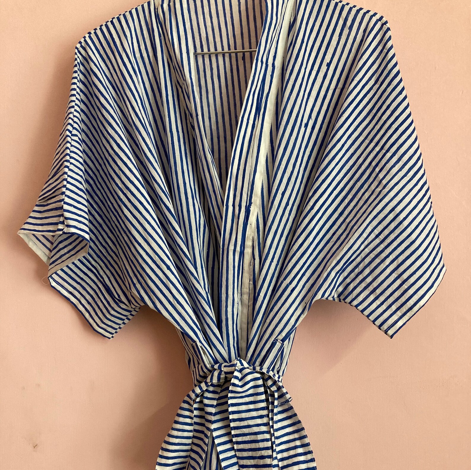 White Blue Cotton Kimono Summer Robe Loose Kimono Robe Etsy