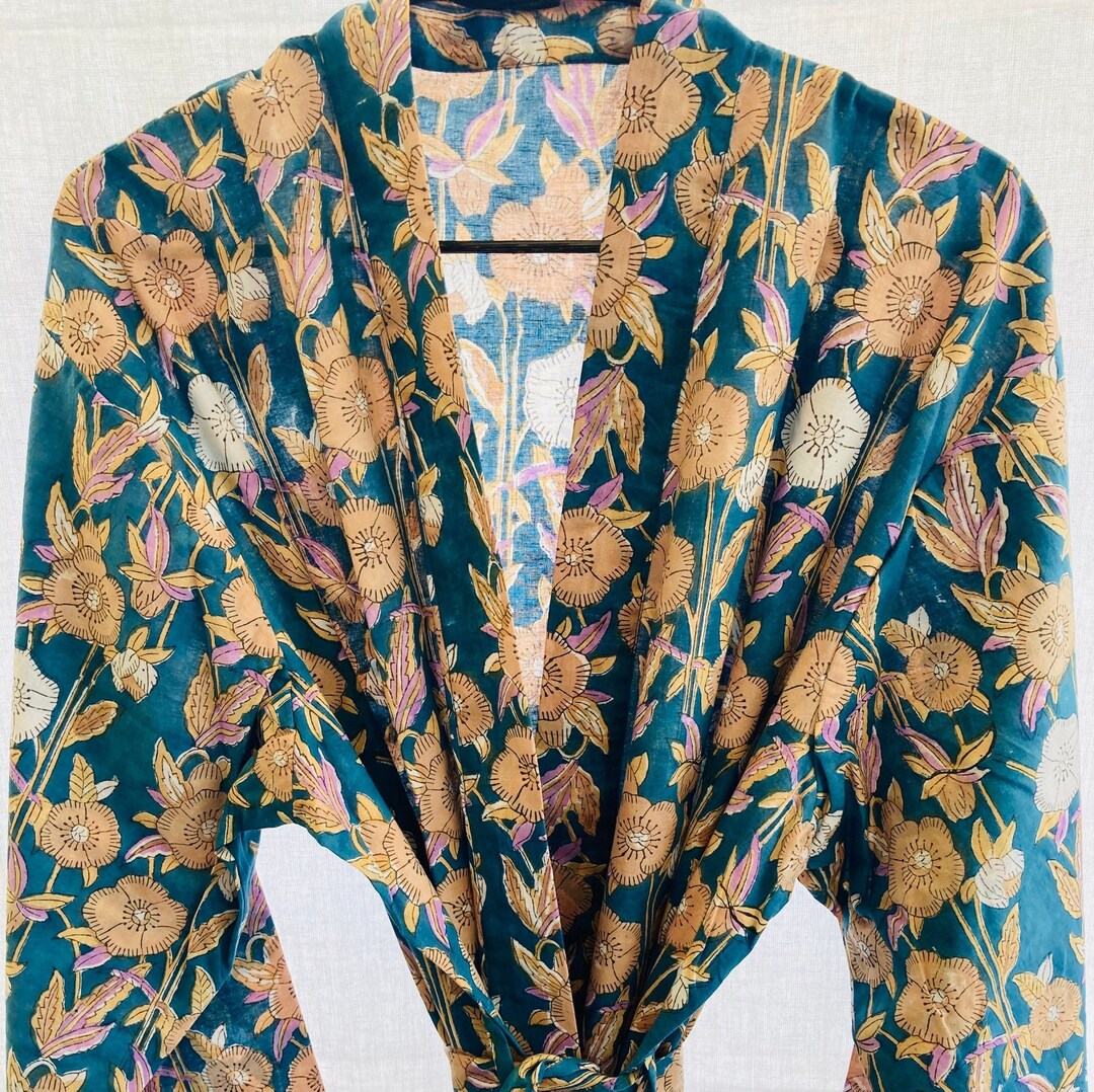 Blue Cotton Robe Block Print Cotton Robe Kimono Robe Beach Cover up