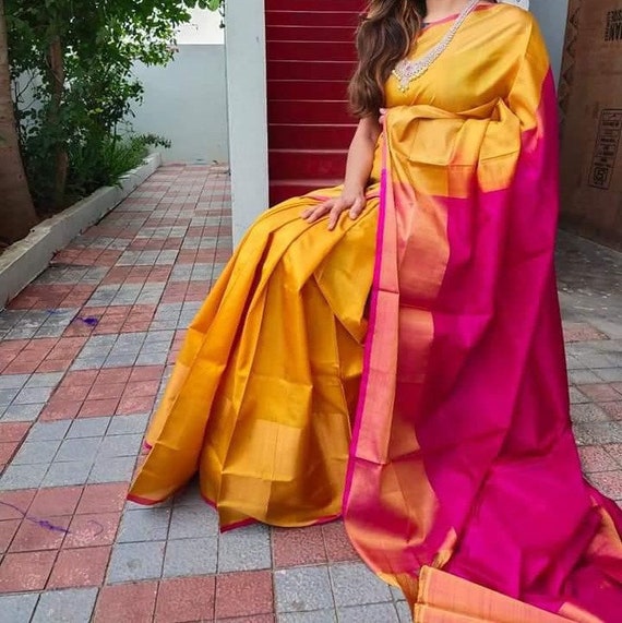 Yellow Pink Silk Saree Pure Silk Saree ...