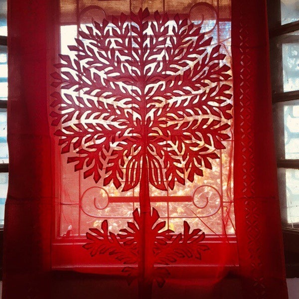 Red Tree of Life Organdy Cotton Curtain - Cotton drapery - Home Decor - Summer Curtain - French Window Curtain - Indian Curtains