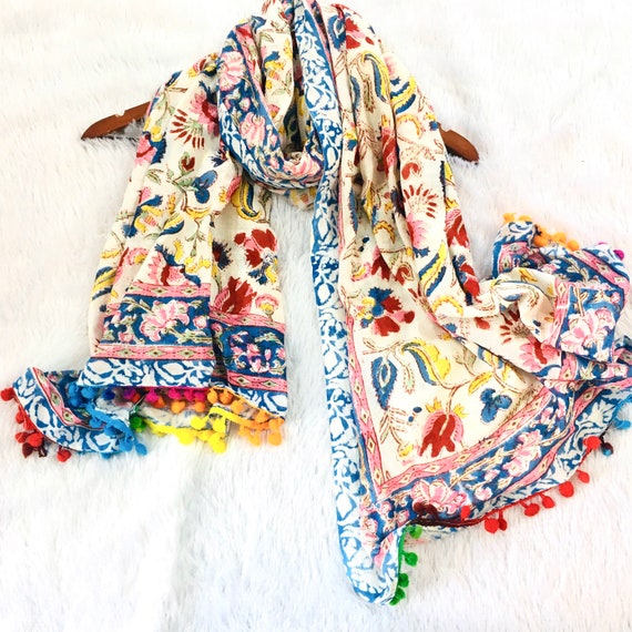 White Floral Block Print Cotton Scarf Boho Beach Cotton Scarf Gift