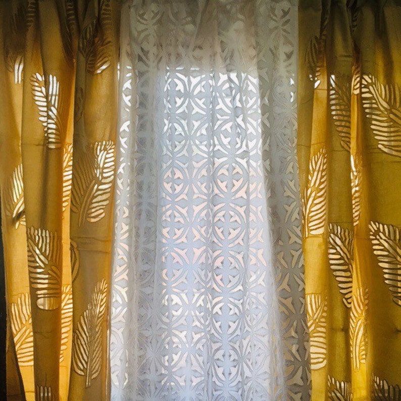 Yellow Leaves Organdy Cotton Curtains Boho Curtains Sheer Etsy