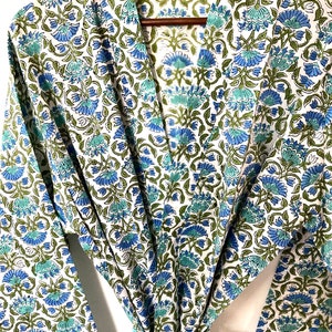 White Blue Cotton Block Print Kimono Robe - Cotton Kimono - Beach Cover Up - Lounge Wear - Casual wear - Kimono - Night Cover Up Robe