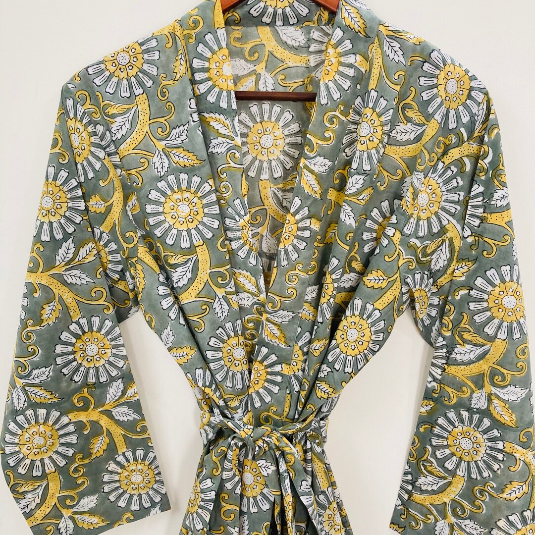 Green Block Print Cotton Robe Block Print Cotton Kimono Robe Etsy