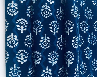 Indigo White Floral Block Print Cotton Fabric By the Meter - Indian Fabric