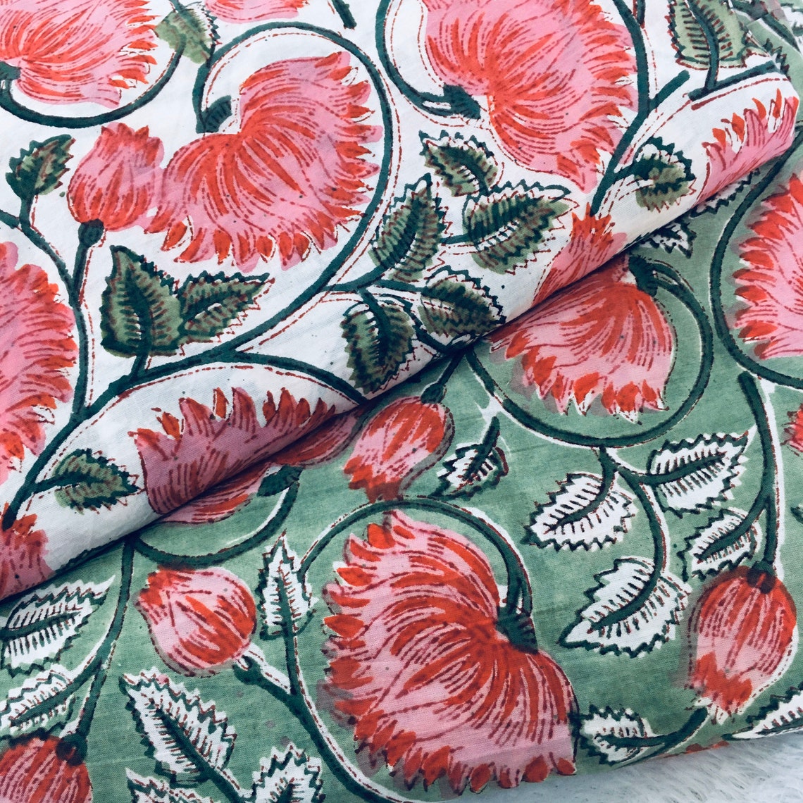 Green Cotton Block Print Fabric 45 in Width Fabric By the Etsy