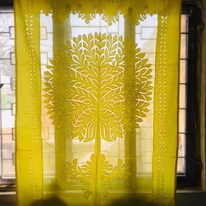 Yellow Tree of Life Cotton Curtains - Boho Curtains - Organdy Cut Work Drapery - Living Room Curtains - Sheer Cotton curtains