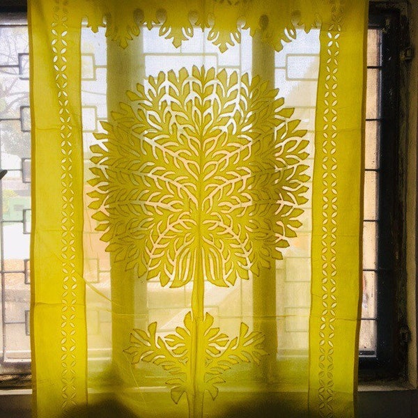 Yellow Tree of Life Cotton Curtains - Boho Curtains - Organdy Cut Work Drapery - Living Room Curtains - Sheer Cotton curtains