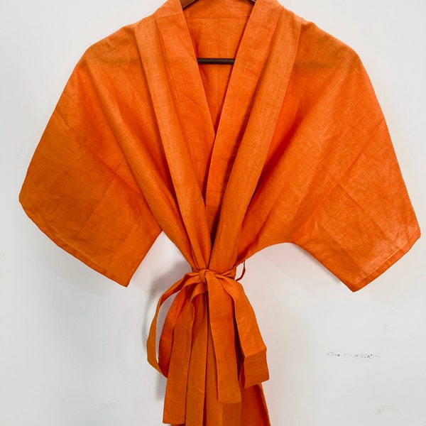 Orange Linen Kimono Robe - Linen Robe -   Kimono Robe - Cotton Kimono - Beach Cover Up - Lounge Wear - Casual wear - Kimono