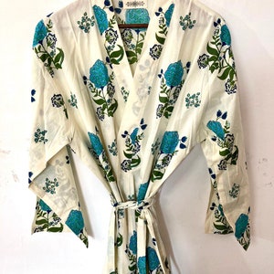 White blue Cotton Robe - Block Print Cotton Robe - Cotton Kimono - Beach Cover Up - Lounge Wear - Casual wear - Kimono - Night Cover Up Robe