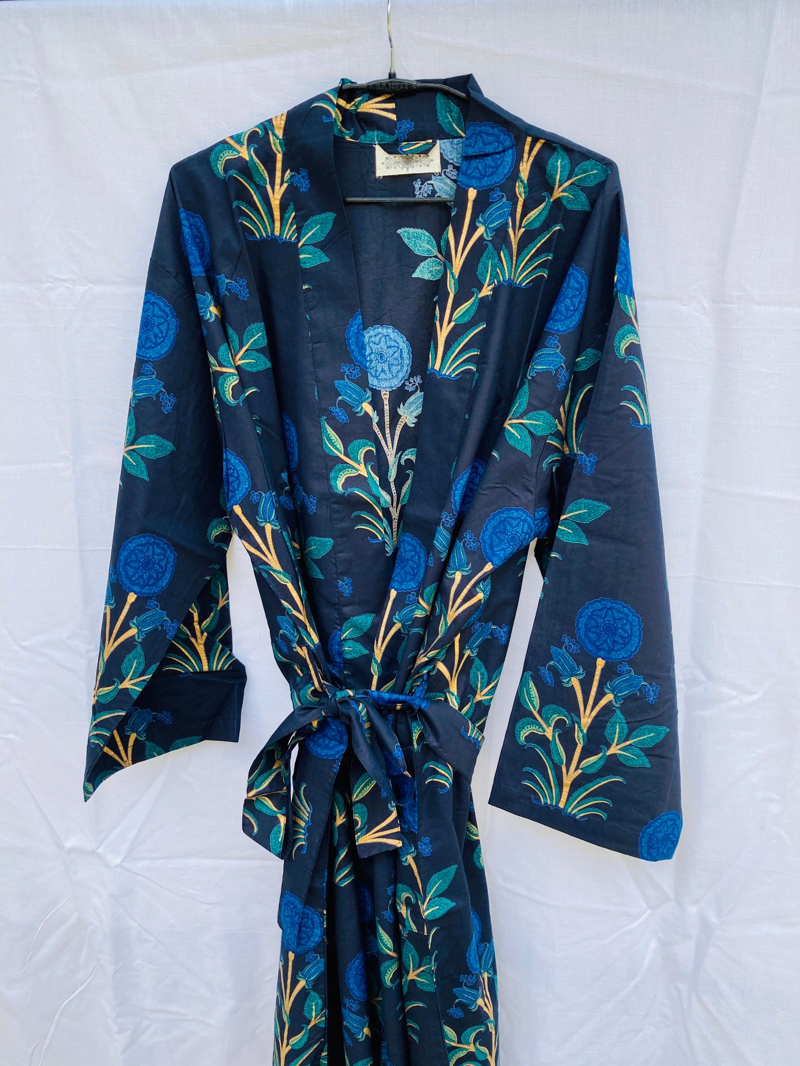 Blue Block Print Cotton Robe Loose Robe Robe Kimono Etsy