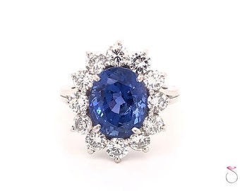 Natural Blue Sapphire Diamond Platinum Ring, 7.08 ct. Unheated Ceylon Sapphire