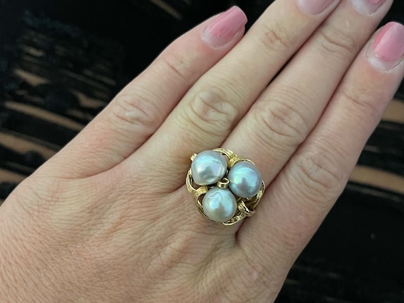 Mings Three Silver Pearl Ring in 14k Yellow Gold - image 2