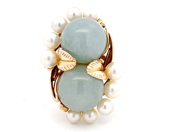 Mings Double Jade Ball and Pearl Leaf Design Ring… - image 1