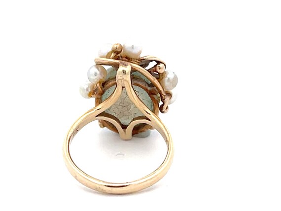 Mings Round Green Jade and Pearl Leaf Ring in 14k… - image 5