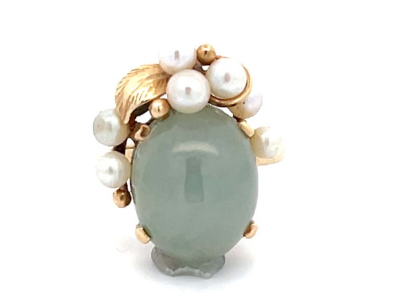 Mings Round Green Jade and Pearl Leaf Ring in 14k… - image 1