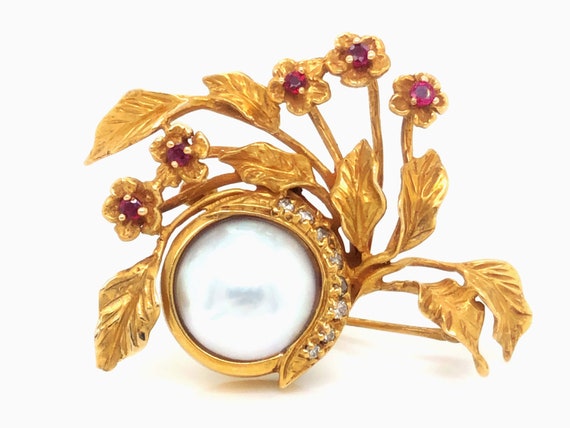 Givenchy Diamond, Ruby and Mabe Pearl Brooch in 1… - image 1