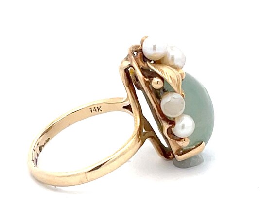 Mings Round Green Jade and Pearl Leaf Ring in 14k… - image 3