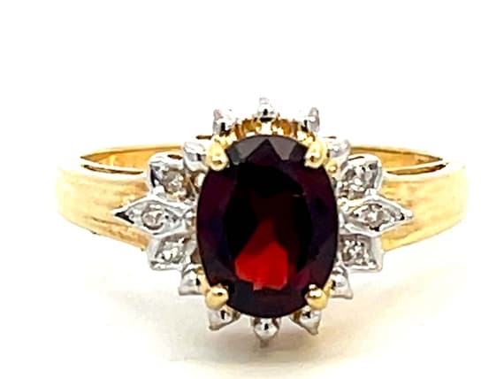Deep Red Oval Garnet and Diamond Ring 14k Yellow … - image 1