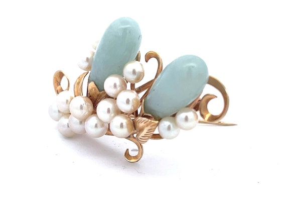 Mings Oval Jade Leaf and Pearl Brooch in 14k Yell… - image 4