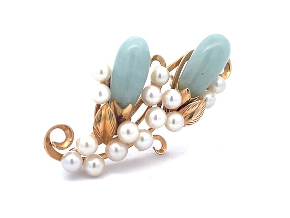 Mings Oval Jade Leaf and Pearl Brooch in 14k Yell… - image 3