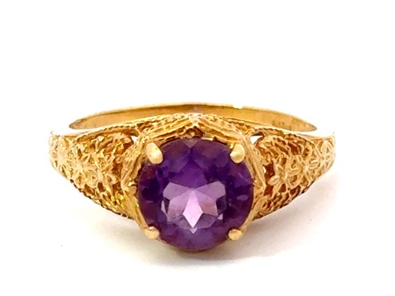 Round Purple Amethyst Filigree Ring 14k Yellow Go… - image 1