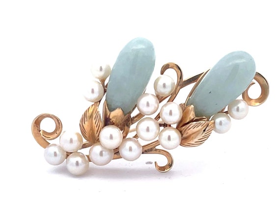 Mings Oval Jade Leaf and Pearl Brooch in 14k Yell… - image 1