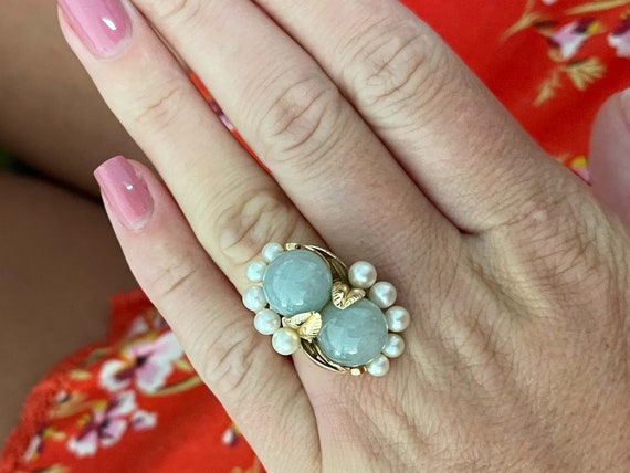 Mings Double Jade Ball and Pearl Leaf Design Ring… - image 2