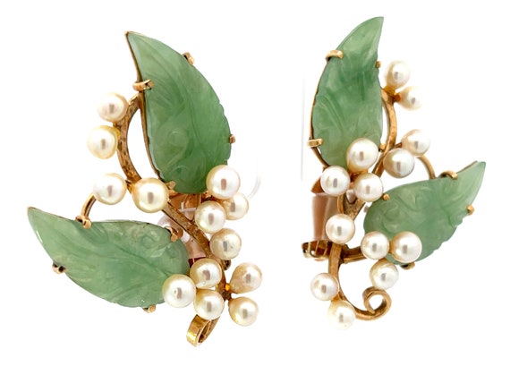 Mings Akoya Pearl and Green Jade Leaf Clip on Ear… - image 3