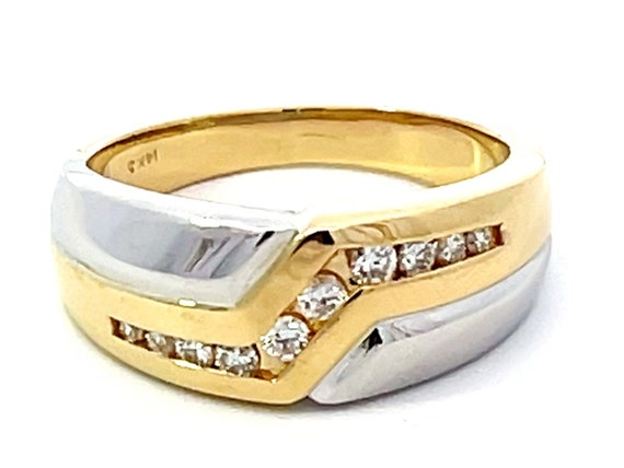 Two Toned Gold Mens Ring with Diamonds 14K Yellow… - image 1