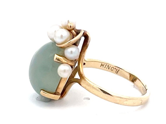 Mings Round Green Jade and Pearl Leaf Ring in 14k… - image 4