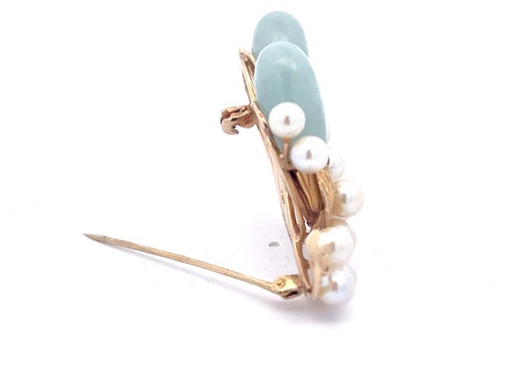 Mings Oval Jade Leaf and Pearl Brooch in 14k Yell… - image 5