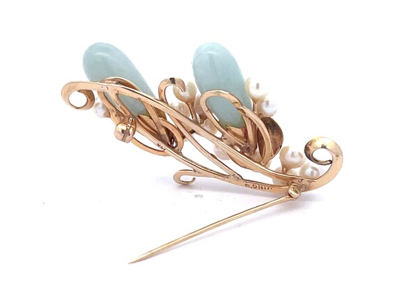 Mings Oval Jade Leaf and Pearl Brooch in 14k Yell… - image 7