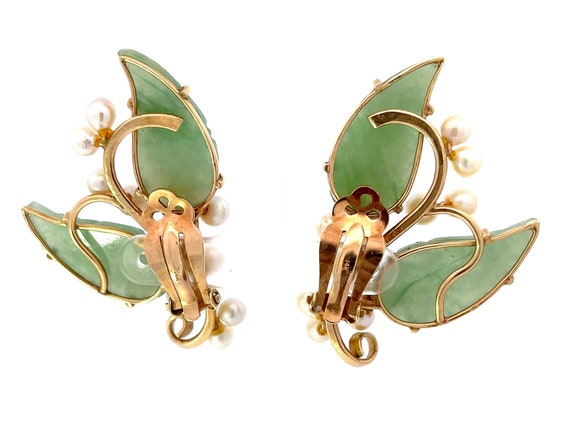 Mings Akoya Pearl and Green Jade Leaf Clip on Ear… - image 7