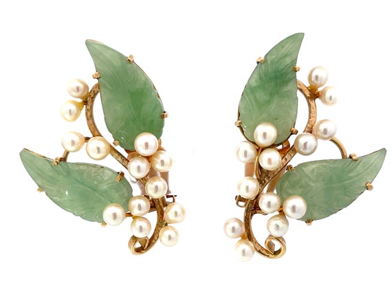 Mings Akoya Pearl and Green Jade Leaf Clip on Ear… - image 1