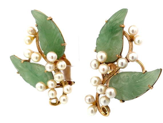 Mings Akoya Pearl and Green Jade Leaf Clip on Ear… - image 4