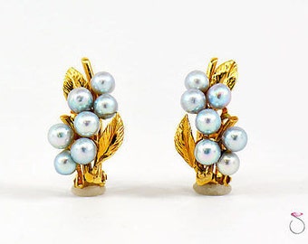 MING'S HAWAII Gorgeous Silver Blue Pearl Cluster Clip Earrings, 14K Yellow Gold