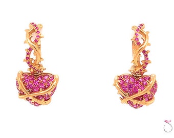 Convertible Hoop Dangle Heart Drop Pink Sapphire Earrings in 18K Rose Gold