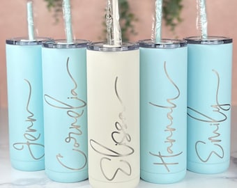 Personalized 20 oz. Tumbler-Laser Engraved Tumbler-MAARS MAKER-Personalized Skinny Tumbler With Straw-Sliding Lid-Bridesmaid Gift