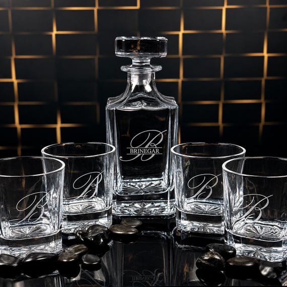A properly engraved glass decanter set that actually looks like a craft gift — personal enough to feel thoughtful, handsome enough to display.