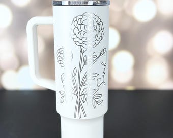 Birth Month Flower Laser Engraved Tumbler-40 oz.-Personalized Tumbler-Sliding Lid Straw-Birthday-Mother's Day Gift-Bridesmaids Gift
