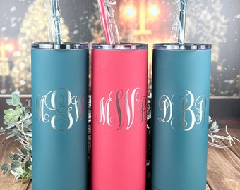 Personalized Monogram 20 oz. Tumbler-Laser Engraved Tumbler-MAARS MAKER-Personalized Skinny Tumbler With Straw-Sliding Lid-Bridesmaid Gift