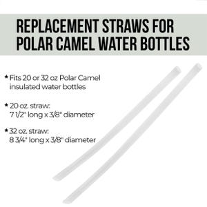 May include: Two white replacement straws for Polar Camel water bottles. Text states: REPLACEMENT STRAWS FOR POLAR CAMEL WATER BOTTLES. Fits 20 or 32 oz bottles. 20 oz straw: 7 1/2 inches long x 3/8 inch diameter. 32 oz straw: 8 3/4 inches long x 3/8 inch diameter.