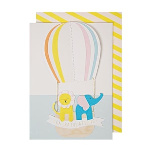 Hete luchtballon Gefeliciteerd kaart Happy Birthday bericht olifant Leeuw goudfolie coördinerende envelop