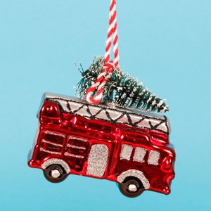 Fire Engine With Tree Shaped Bauble Hanging Decoration Festive Red Ornament Christmas Xmas Glass Vintage Fire Glitter Gift Personalised Name